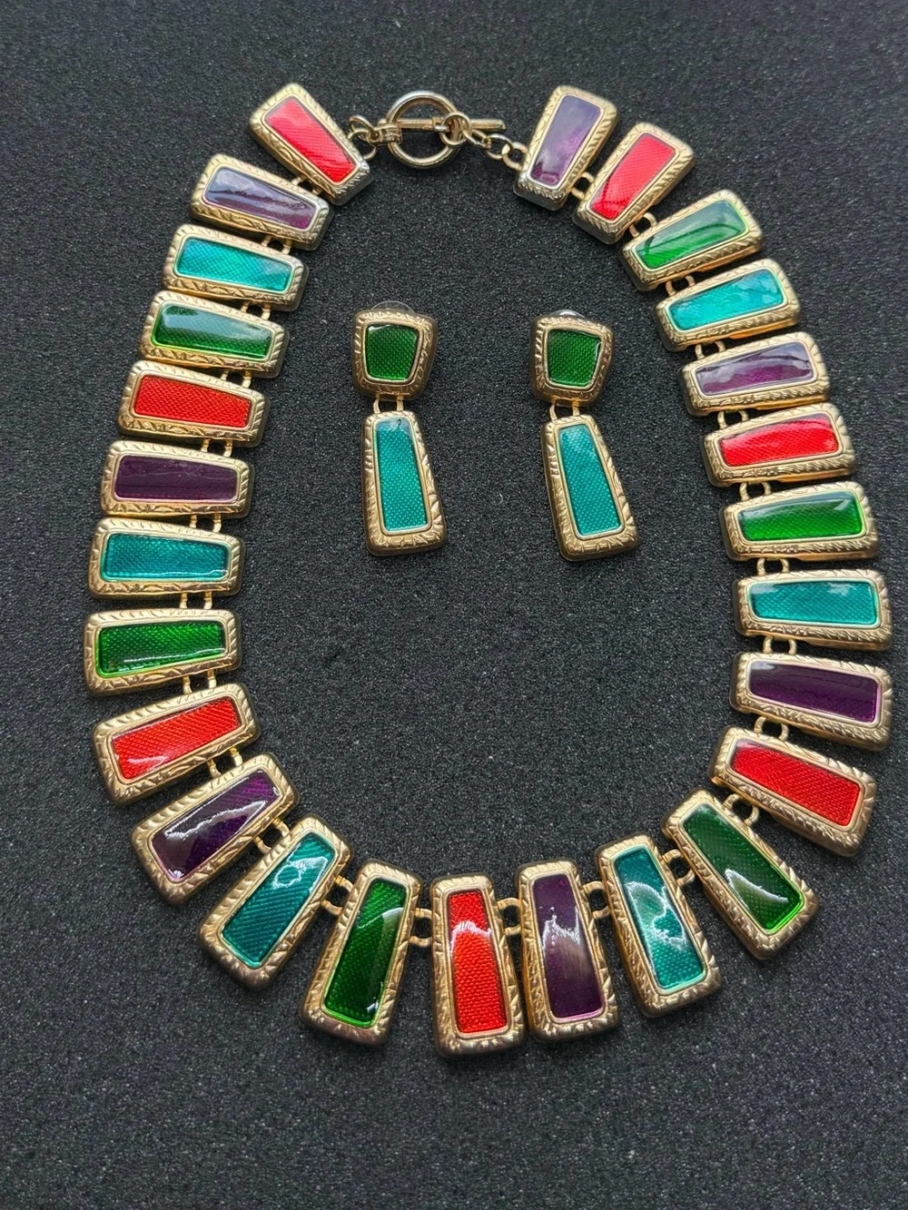 Vintage Gold-Tone Multicolor Enamel Link Necklace And Earrings Set